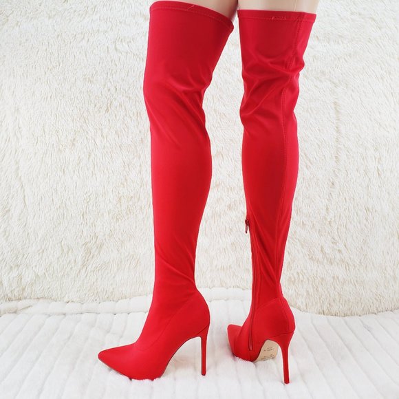 red lycra thigh high boots